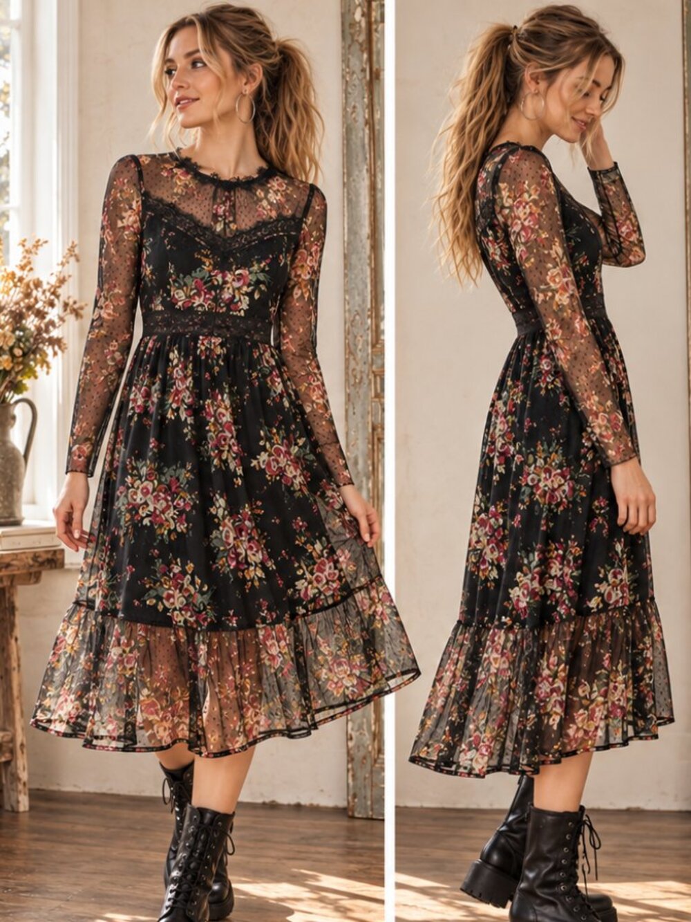 Forever 21 Dress Blk Floral Fairy Lace Mesh Festival Whimsigoth Indie Sheer Sz L